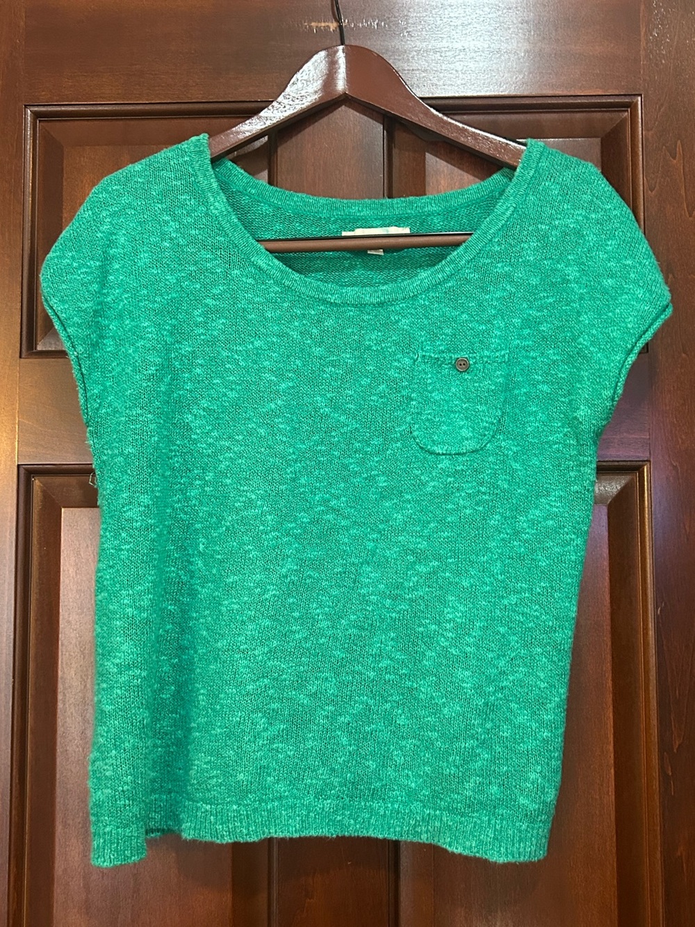LOFT Linen Cotton Cap Sleeve Sweater Tee Green Pocket Top M